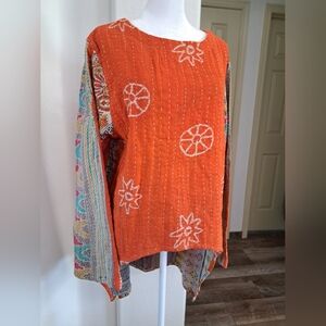 Kantha Quilted Reversible Patchwork Top Vibrant Orange Free Size